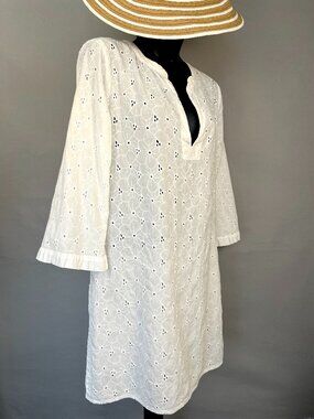 House of Woo Eyelet White Cotton Cover-Up Tunic XS 3/4 Sleeve